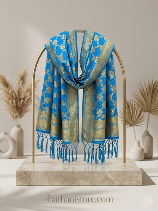 Designer Nauvari Blue Shela - Handwoven Paithani Shela Dupatta for Bride | Paithanistore