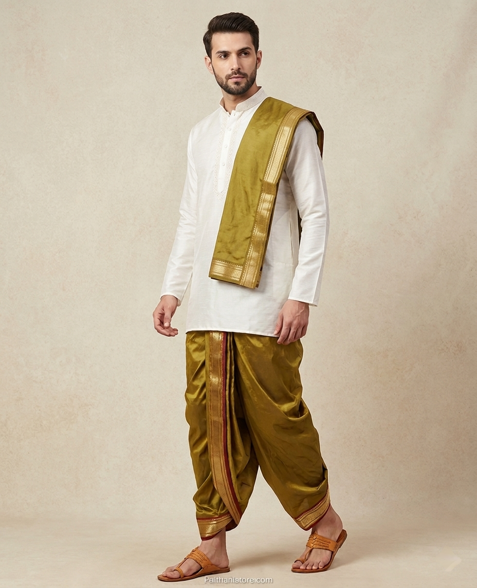 Mehendi Color Traditional Mens Dhoti - Traditional Men's Dhoti for Wedding & Pooja | Paithanistore
