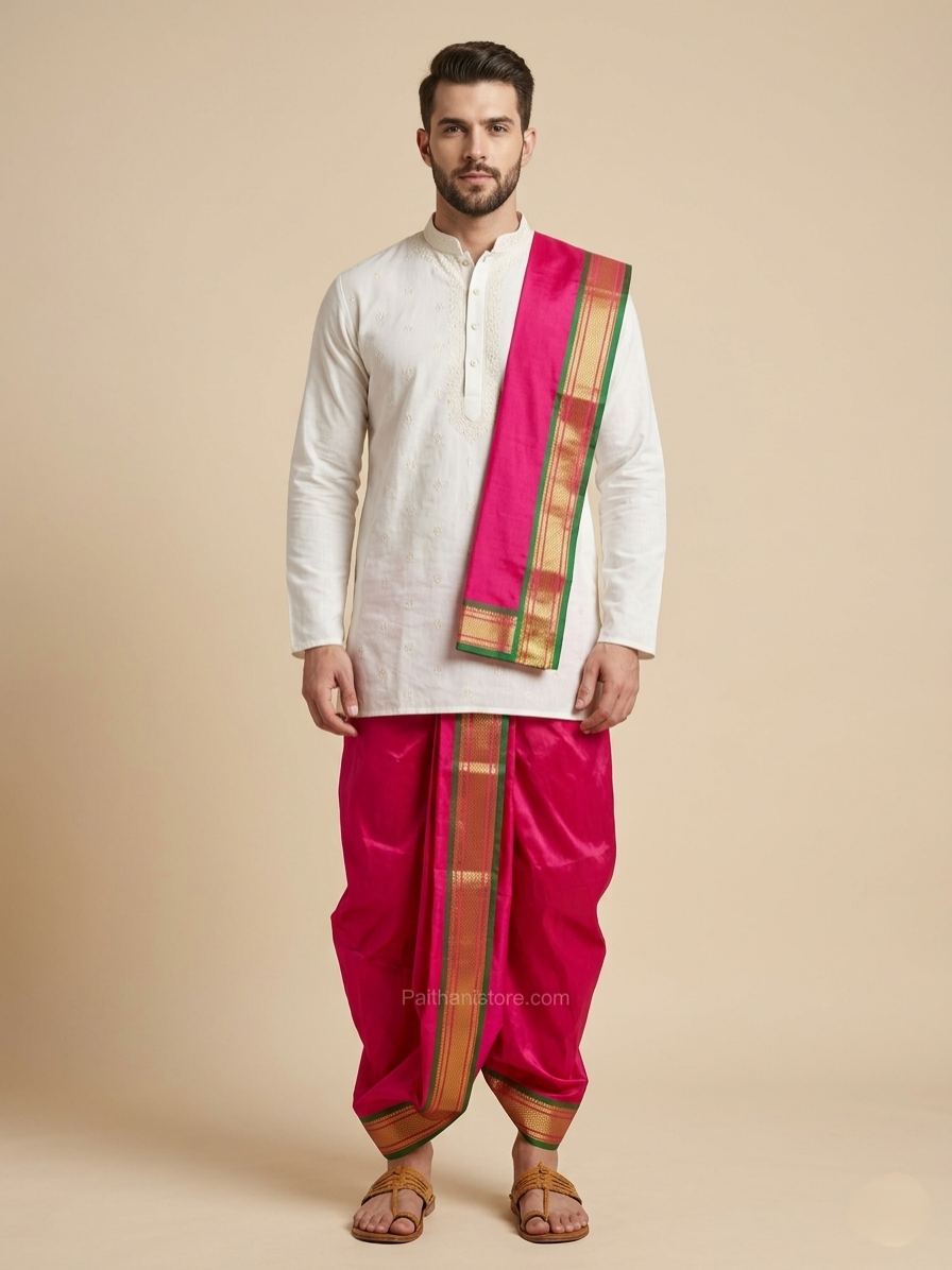 Ready to Wear Pink Wedding Dhoti For Men — Front View