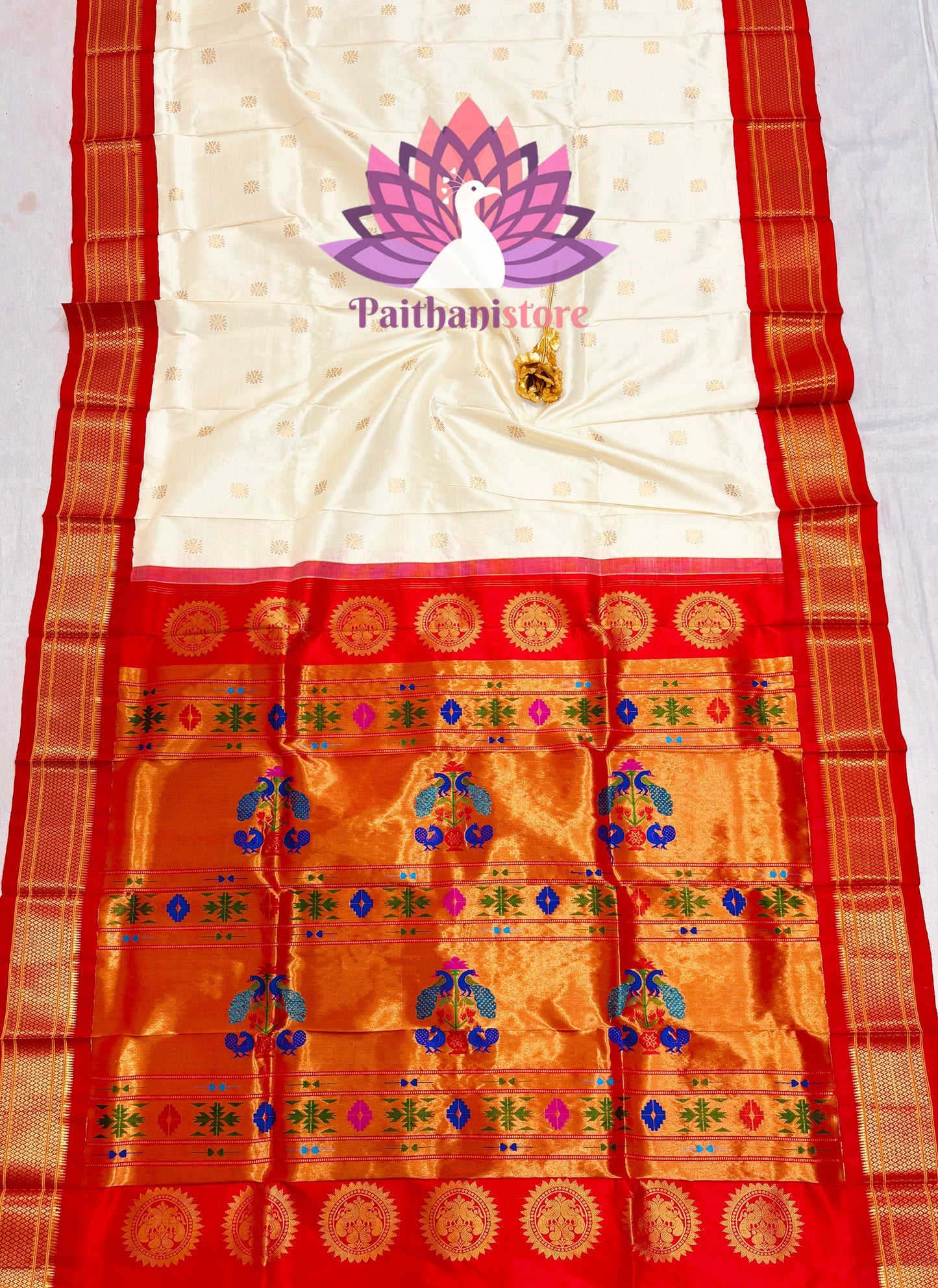 White With Red Maharani kadiyal Paithani Saree