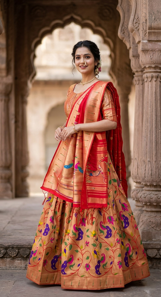 Soft Silk Paithani Lehenga for Wedding — Front View