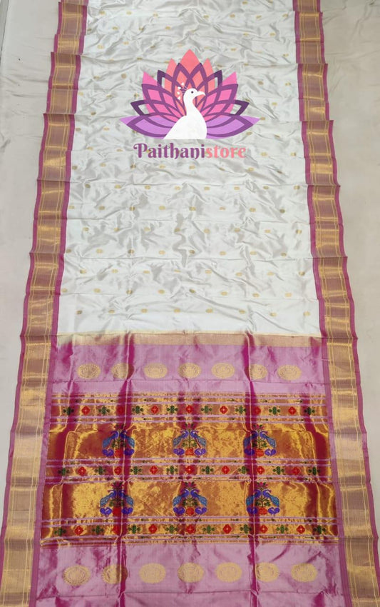 White With Pink Maharani kadiyal Paithani Saree