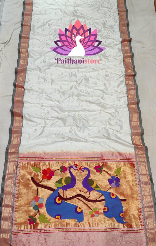 Exclusive Authentic Pure Silk Handloom Paithani - White Paithani With Peacock Pallu