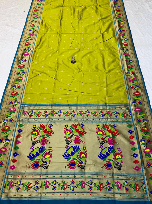 Beautiful Lotus Pallu Paithani Saree - semi-silk Paithani with traditional border, front view