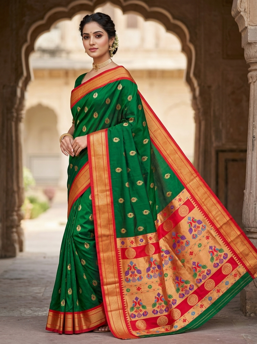Royal Green Pure Silk Paithani Saree - Authentic Pure Silk Paithani Saree from Yeola