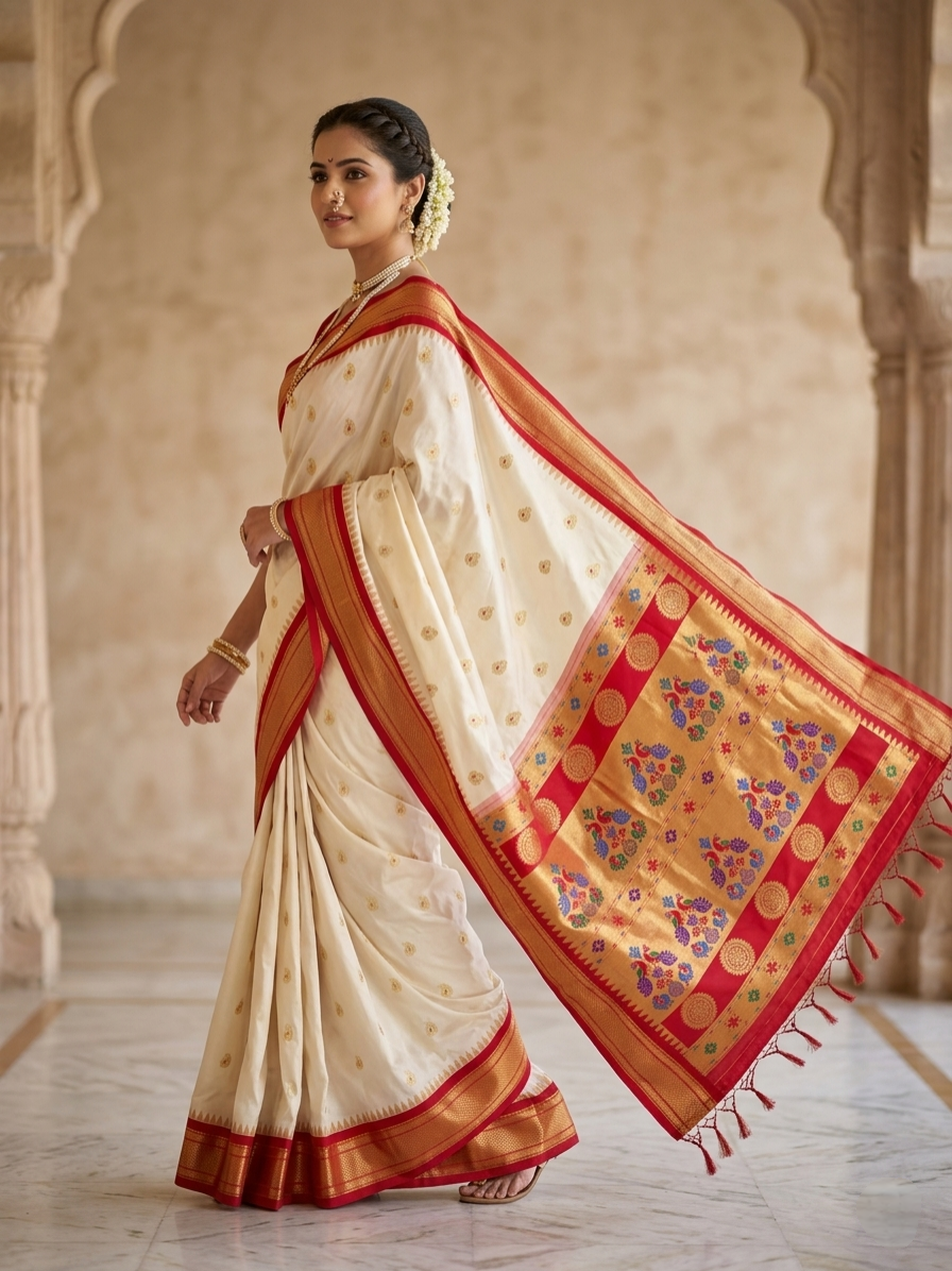 Off-White Kadiyal Maharani Paithani - Authentic Pure Silk Paithani Saree from Yeola