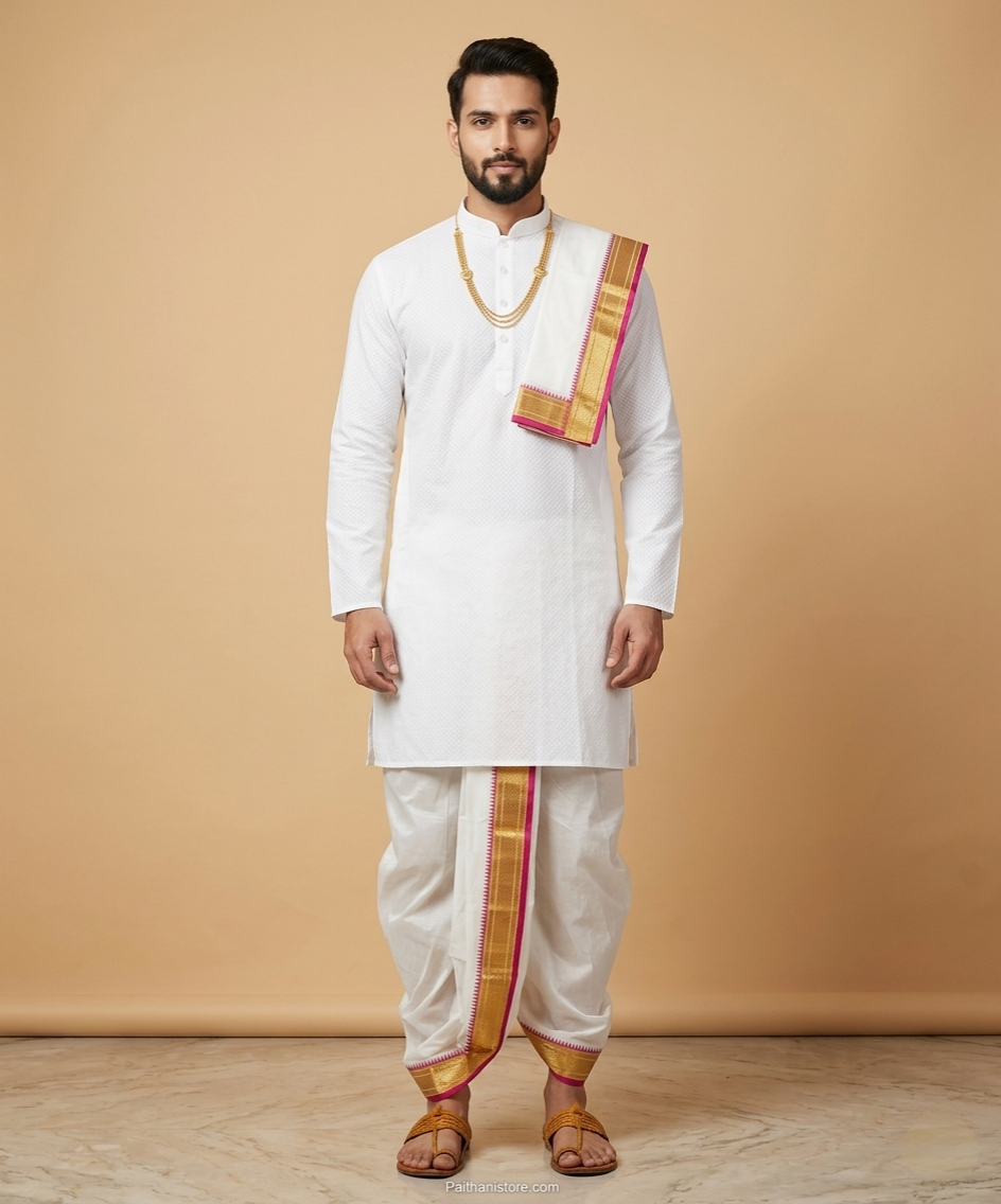 White Men Dhoti For Wedding - Traditional Men's Dhoti for Wedding & Pooja | Paithanistore