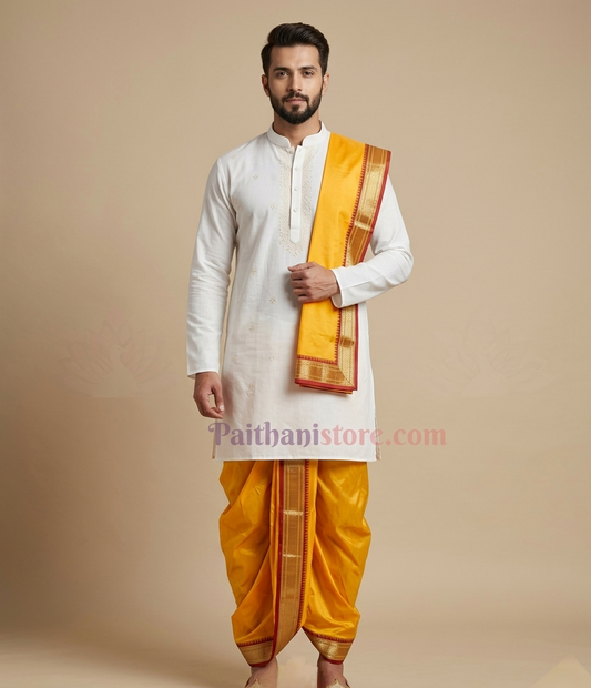 Ready to Wear Plain Silk Yellow Dhoti For Men — Front View