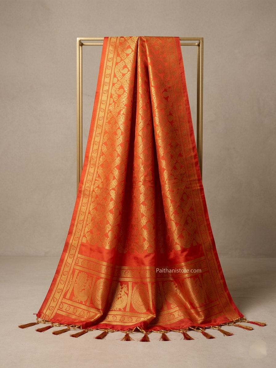 Orange Shela For bride - Handwoven Paithani Shela Dupatta for Bride | Paithanistore