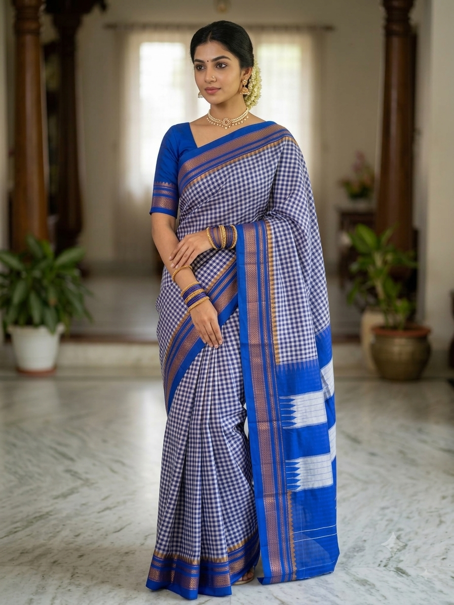 Checks Irkal Saree in Art Soft Silk with Contrast Blouse