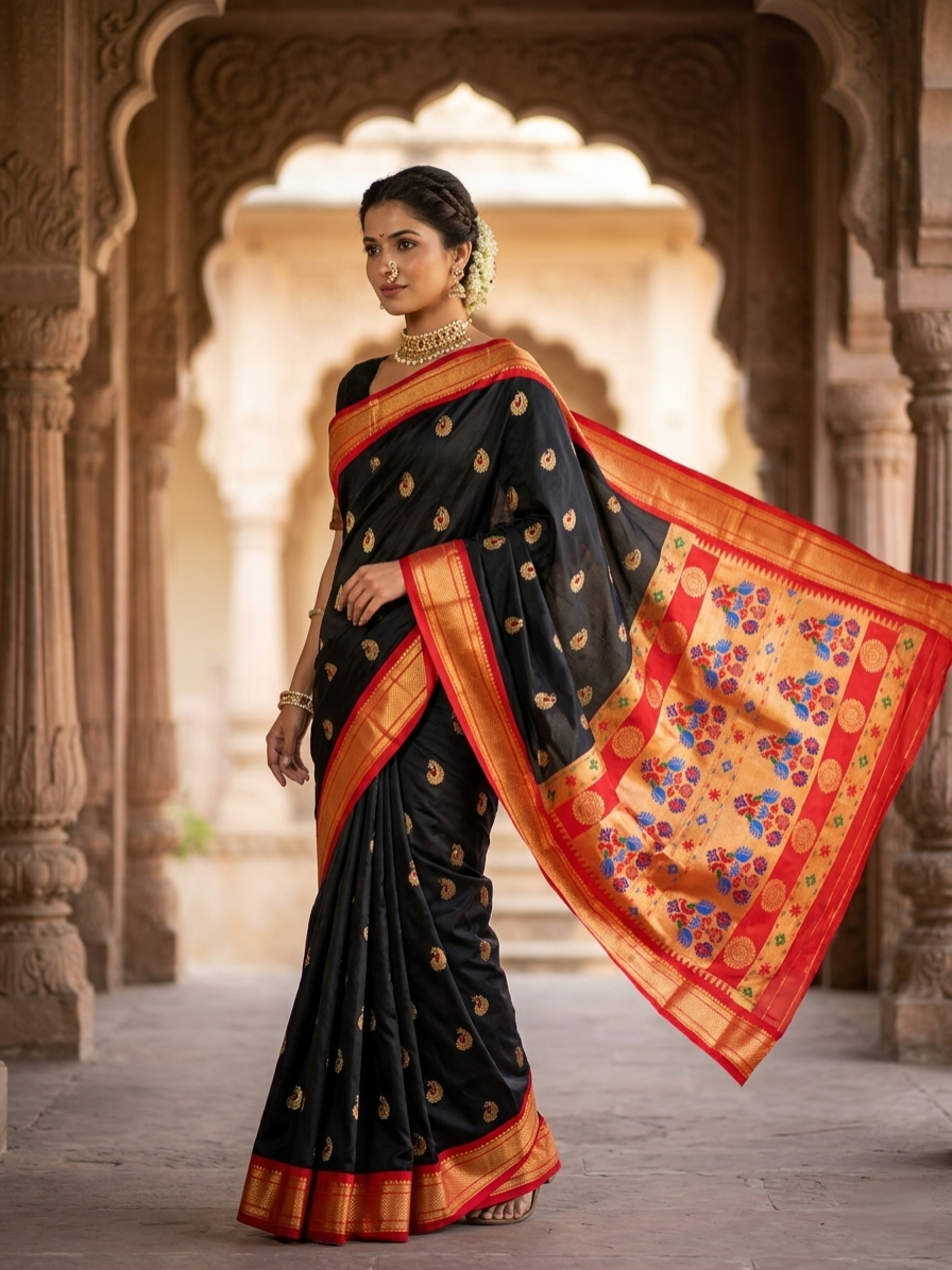 Black Saree - Authentic Pure Silk Paithani Saree from Yeola