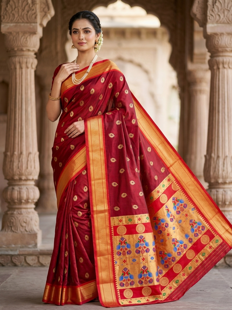 Designer Royal Red Kadiyal Paithani Silk Saree - Authentic Pure Silk Paithani Saree from Yeola (View 1)