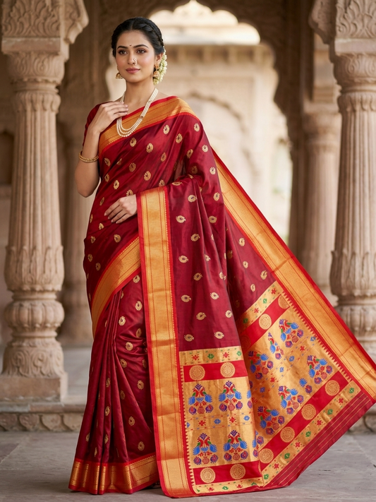 Designer Royal Red Kadiyal Paithani Silk Saree - Authentic Pure Silk Paithani Saree from Yeola (View 1)