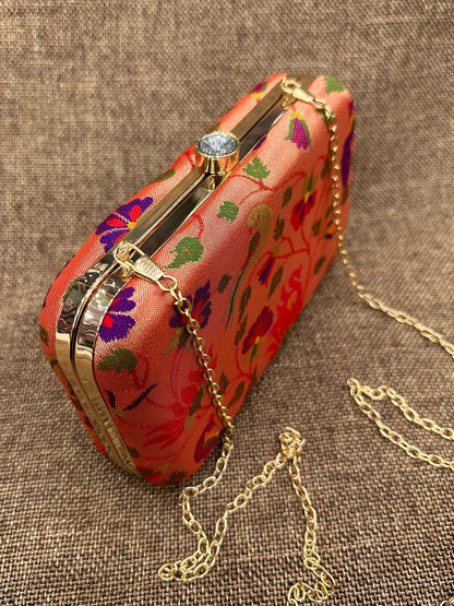 Allover Paithani Silk Clutch Purse with Golden Chain