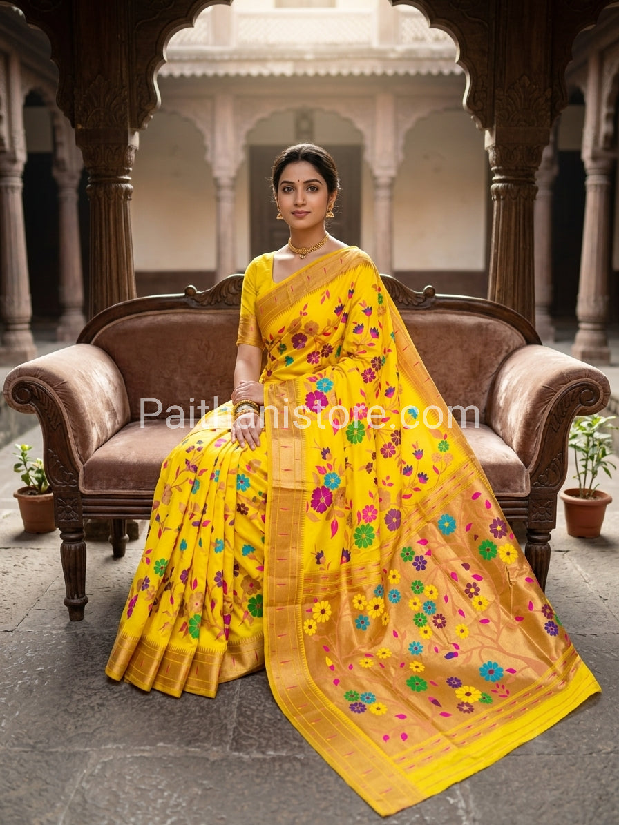 Elegant All-Over Brocade Paithani Saree with Triple Muniya Border - semi-silk Paithani with triple Muniya border - view 