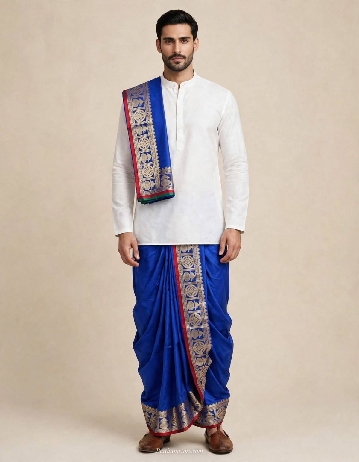 Royal Blue ready to wear dhoti for men with gold woven border and matching shela, worn with a white kurta