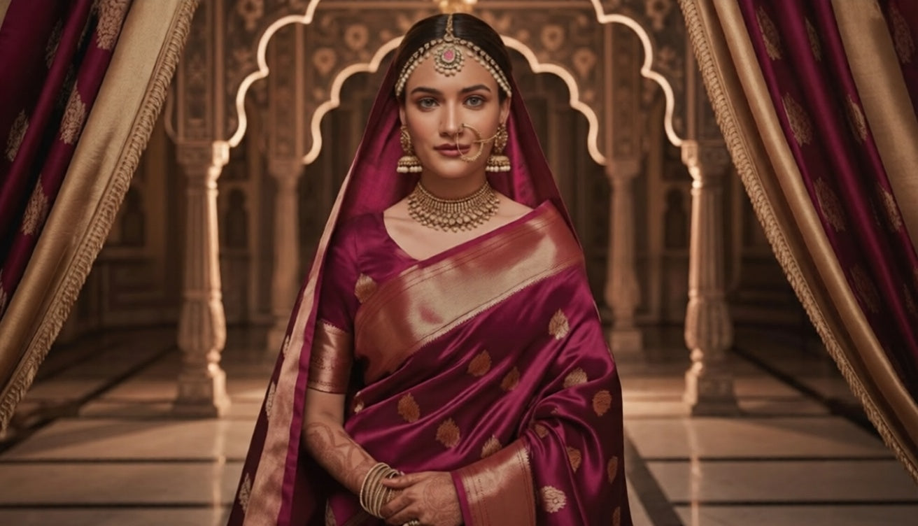 Indian bride in a luxurious maroon pure silk Paithani saree with heavy gold zari border and traditional nath.