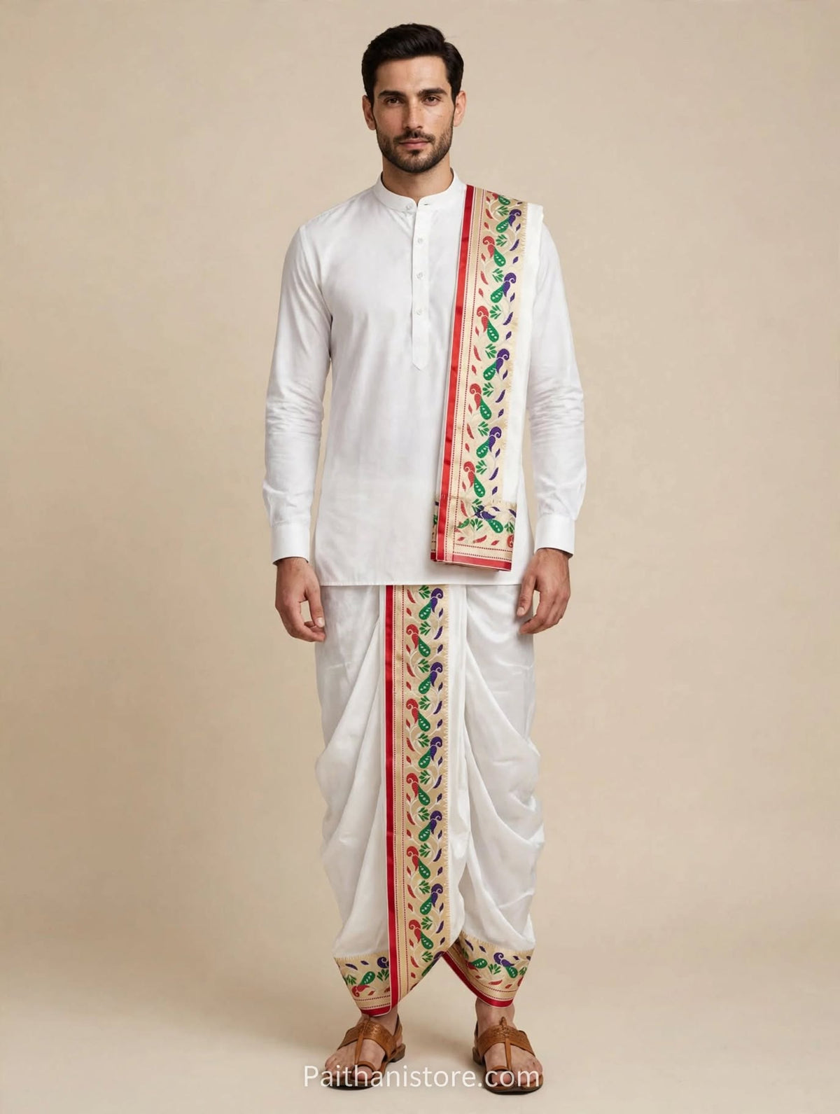 White ready to wear dhoti for men with colourful Paithani border and matching shela, worn with a white kurta