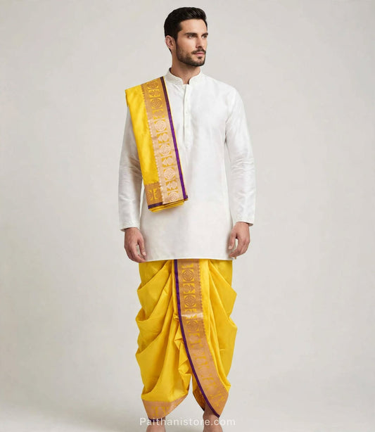 Yellow ready to wear dhoti for men with gold woven border and matching shela, worn with a white kurta