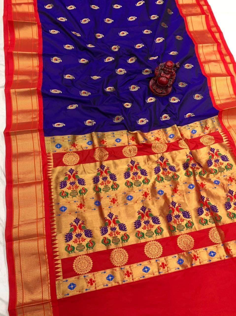 Blue Maharani Paithani with Red Borders