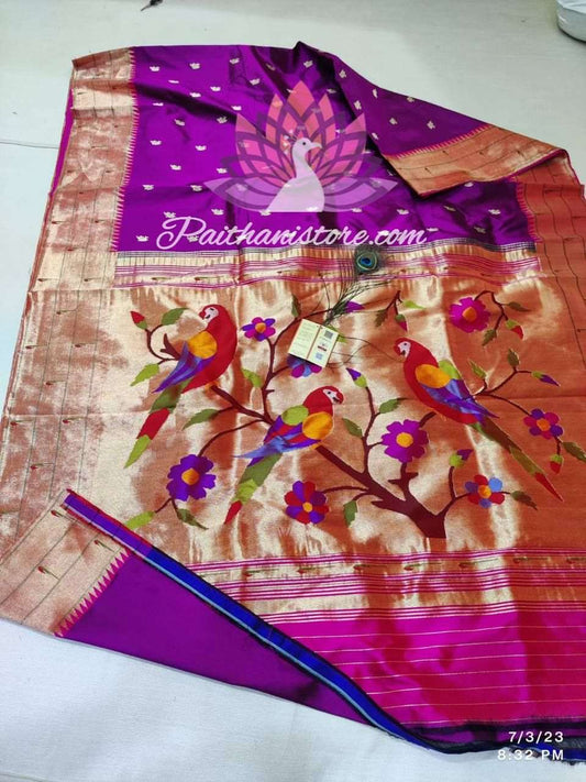 Exclusive Triple Muniya Border Paithani- Authentic Handloom Pure Silk Triple Muniya With Parrots Pallu