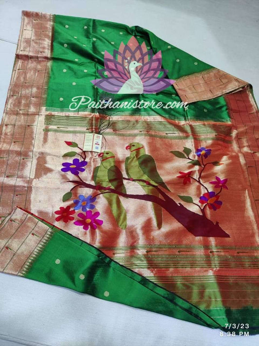 Green Parrot Motif Triple Muniya Border Paithani Saree