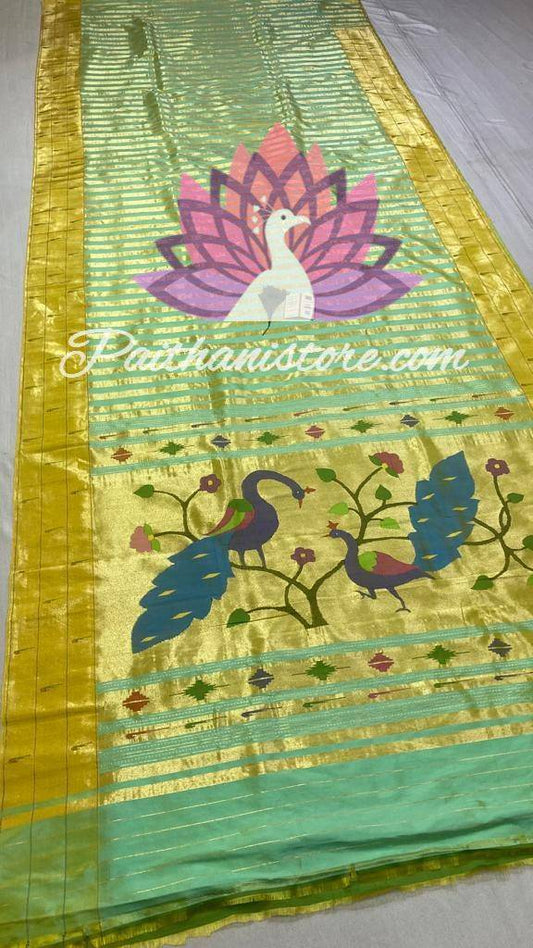 Muniya Border Pastel Green Paithani Pure Silk handloom Saree