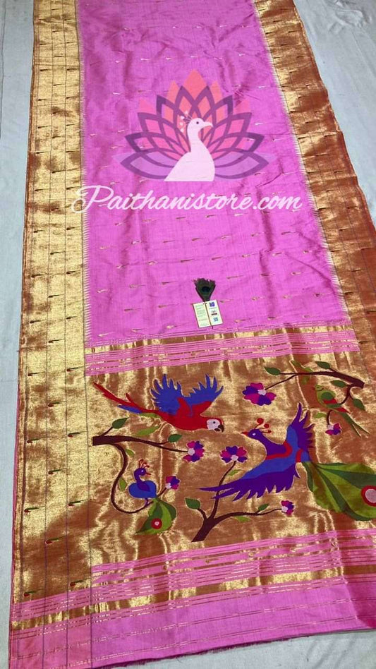 Muniya Border Yellow Triple Parrot Peacock Motif Paithani Saree