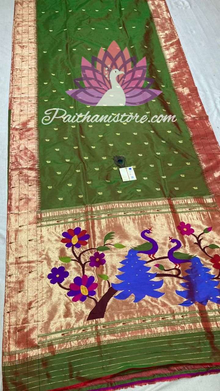 Paithani Silk Hand Printed Green Saree With Muniya Border