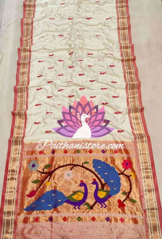 Traditional Handloom Pure Silk Off-White Paithani With Peacocks Pallu