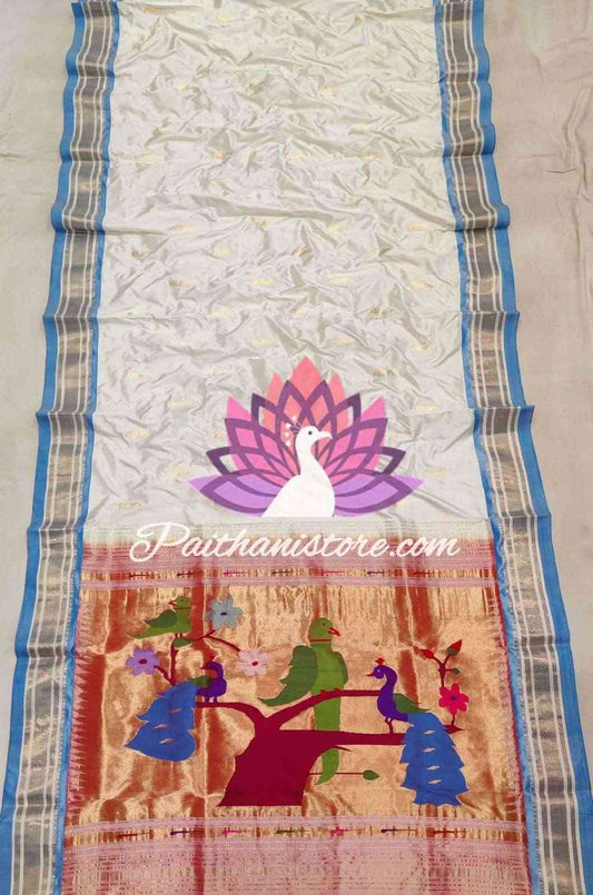 Traditional Handloom Pure Silk White Paithani With Parrot Pallu