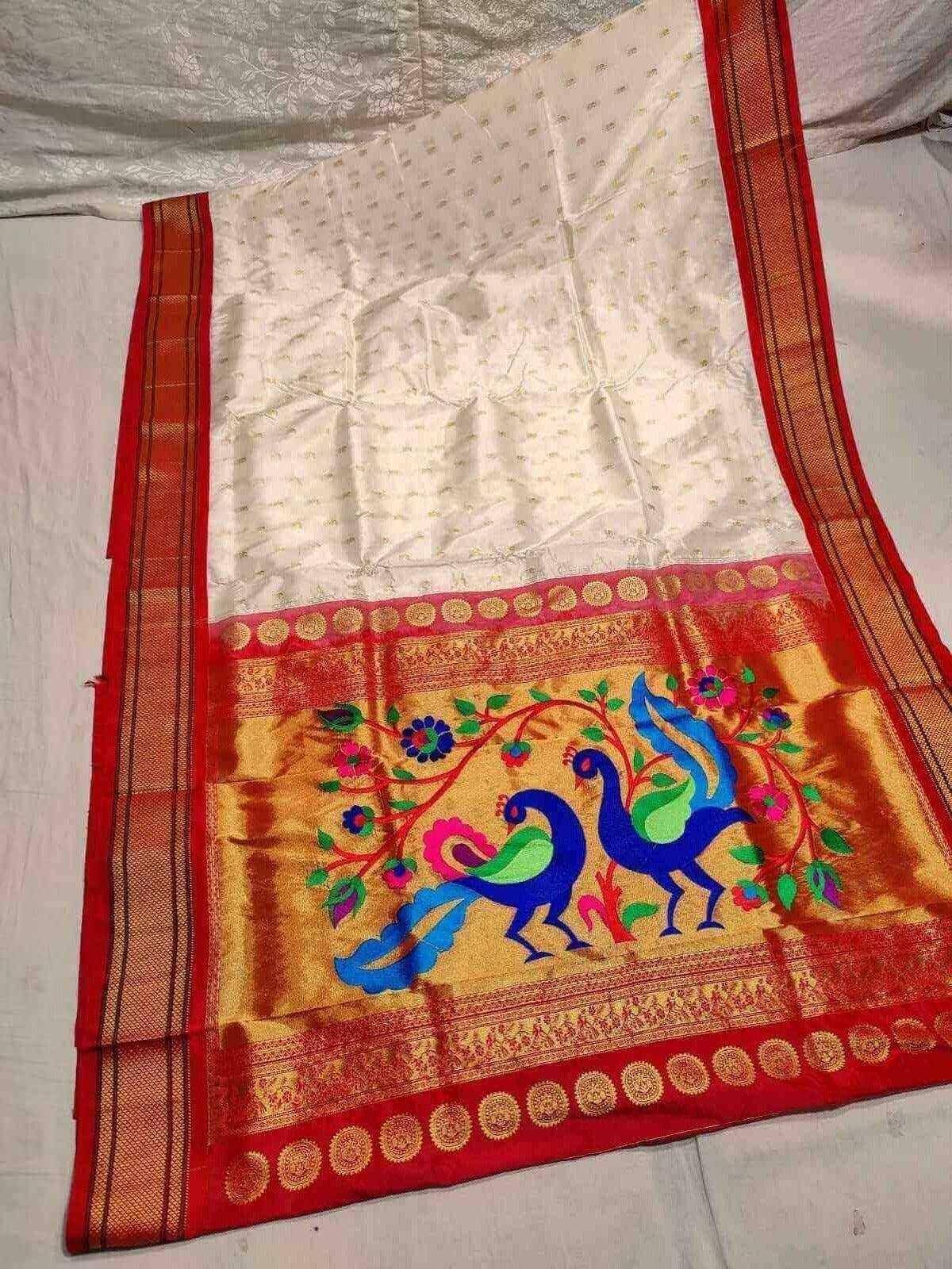 White Semi Silk Paithani - Paithanistore